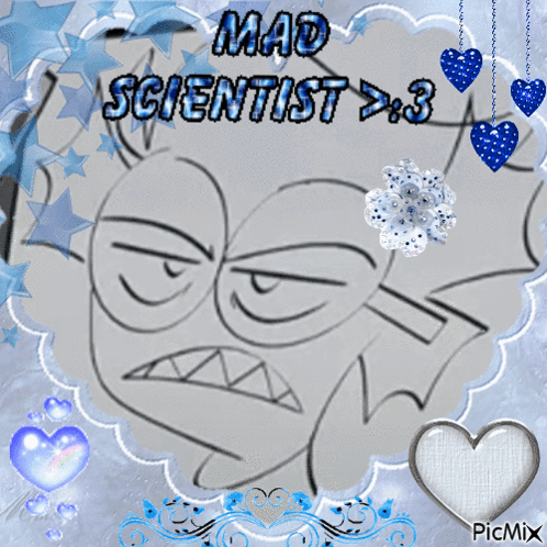 A Picture Of A Cartoon Character With The Words Mad Scientist Written On It GIF