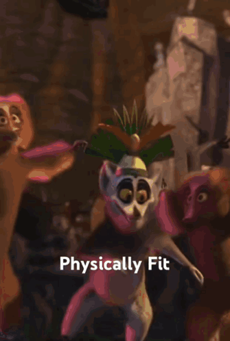 A Picture Of A Cartoon Character With The Words " Physically Fit " Below It GIF