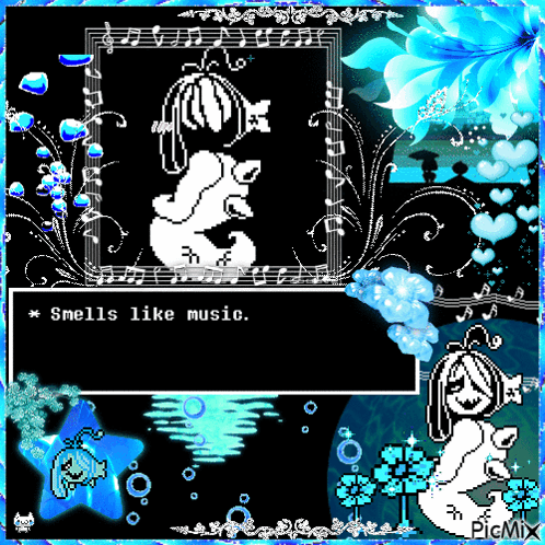 A Picture Of A Cartoon Character With The Words Smells Like Music On It GIF