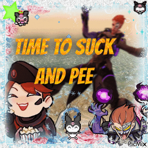 A Picture Of A Cartoon Character With The Words Time To Suck And Pee On It GIF