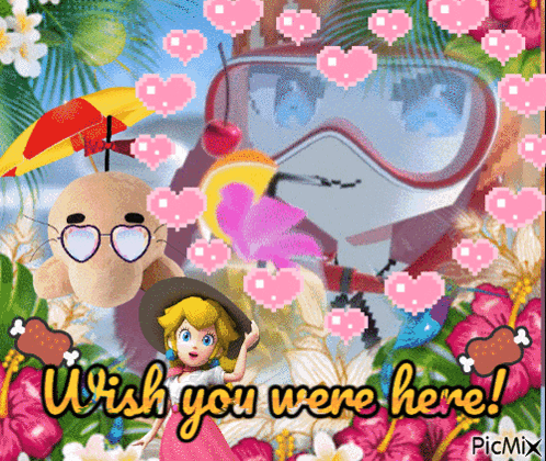 A Picture Of A Cartoon Character With The Words Wish You Were Here Written On It GIF