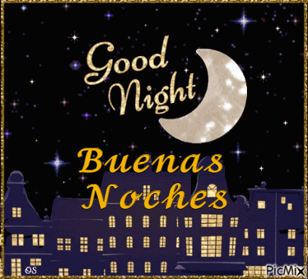A Picture Of A Castle And A Crescent Moon With The Words " Good Night Buenas Noches " GIF