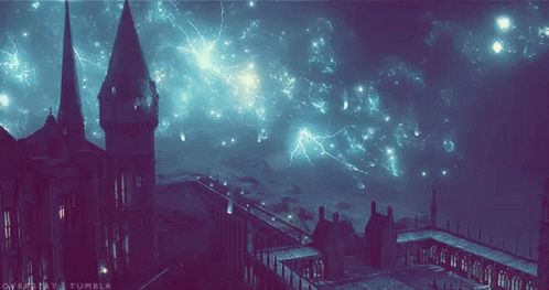A Picture Of A Castle With Lightning And The Words Overcity Tumblr On The Bottom Right GIF