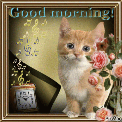 A Picture Of A Cat And A Clock With The Words Good Morning GIF
