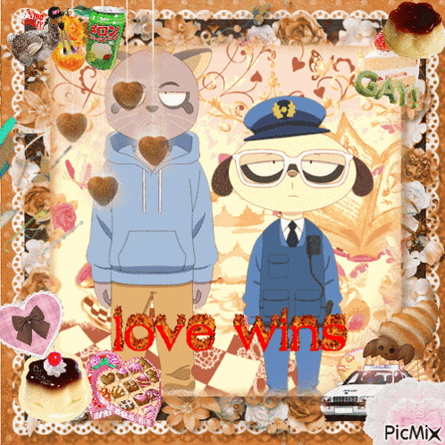 A Picture Of A Cat And A Police Officer With The Words Love Wins Written On It GIF
