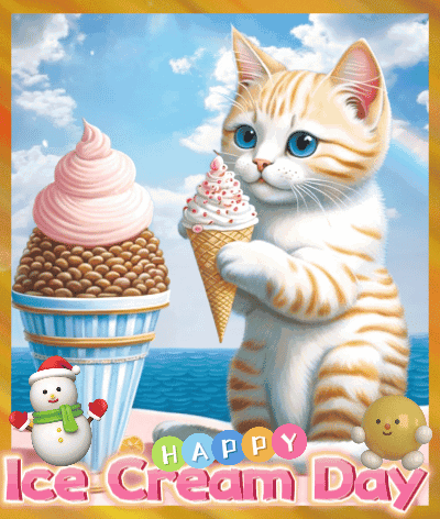 A Picture Of A Cat Holding An Ice Cream Cone With The Words Happy Ice Cream Day GIF