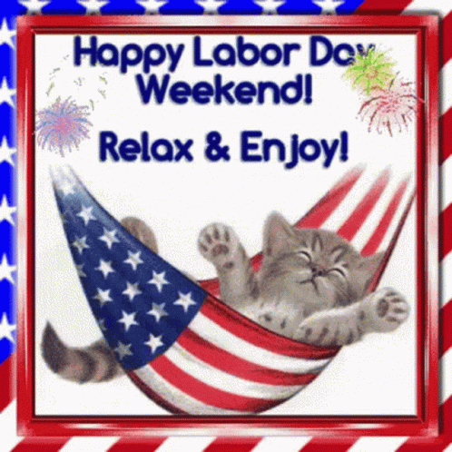 A Picture Of A Cat Laying In A Hammock With The Words Happy Labor Day Weekend Relax And Enjoy GIF