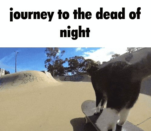 A Picture Of A Cat On A Skateboard With The Words Journey To The Dead Of Night Below It GIF