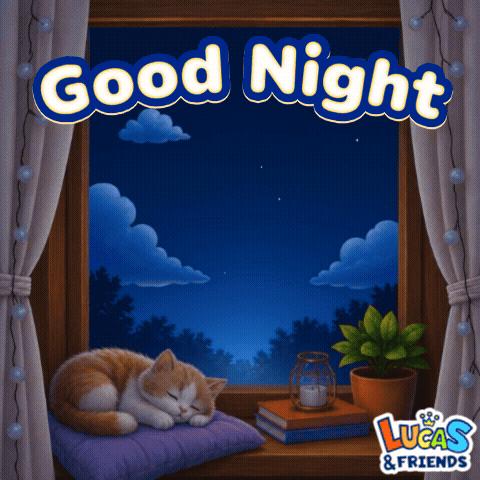 a picture of a cat sleeping in a window with the words good night