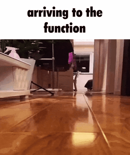 a picture of a cat walking on a wooden floor with the words arriving to the function below it