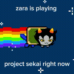 A Picture Of A Cat With A Rainbow Behind It And The Words " Zara Is Playing Project Sekai Right Now " GIF