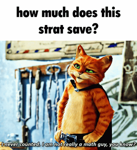 A Picture Of A Cat With The Words How Much Does This Strat Save GIF