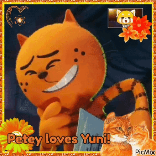 A Picture Of A Cat With The Words " Petey Loves Yuni " On It GIF