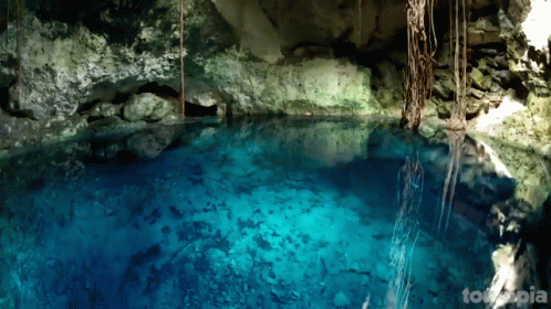 A Picture Of A Cave With A Pool Of Blue Water And The Word Toxopia On The Bottom GIF