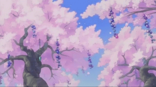A Picture Of A Cherry Blossom Tree With Aurora 'S Written In Pink GIF