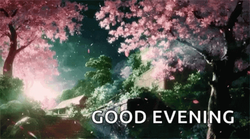 A Picture Of A Cherry Blossom Tree With The Words `` Good Evening '' Written Below It . GIF