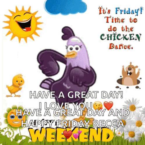 A Picture Of A Chicken Dancing With The Words " It 'S Friday Time To Do The Chicken Dance " On It GIF
