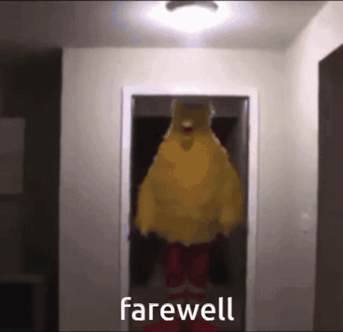 A Picture Of A Chicken In A Doorway With Farewell Written Below It GIF