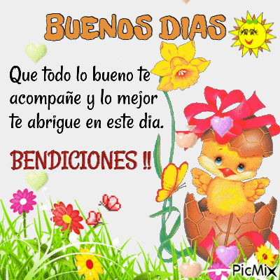 A Picture Of A Chicken With Flowers And The Words Buenos Dias Benedictions GIF