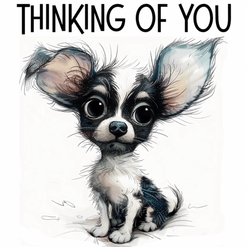 A Picture Of A Chihuahua Puppy With The Words " Thinking Of You " Below It GIF