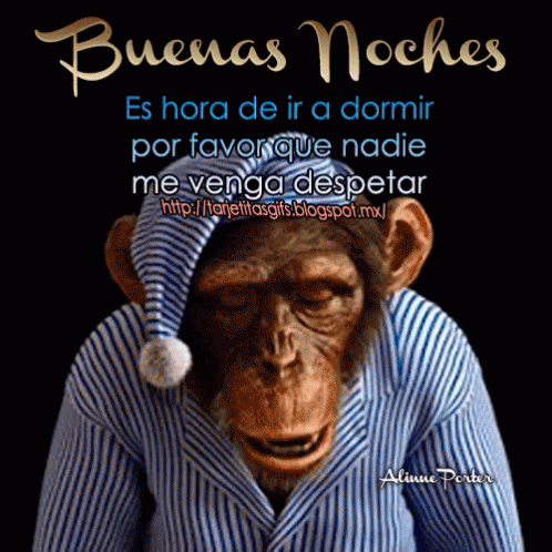 A Picture Of A Chimpanzee Wearing Pajamas And A Hat With The Words Buenas Noches Written On It GIF