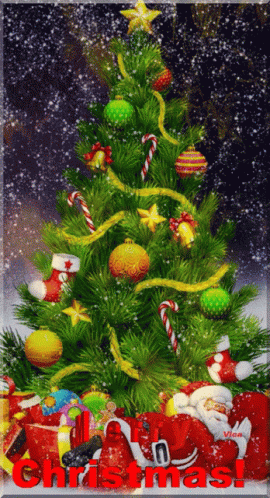 A Picture Of A Christmas Tree With The Word Christmas In Red GIF