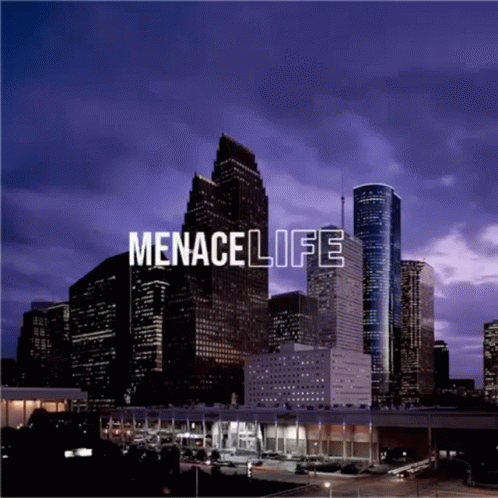 A Picture Of A City Skyline At Night With The Words Menacelife Above It GIF