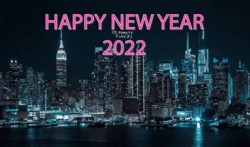 a picture of a city skyline with the words happy new year 2022 on it