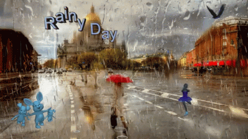 A Picture Of A City Street With The Words Rainy Day Written On The Window GIF