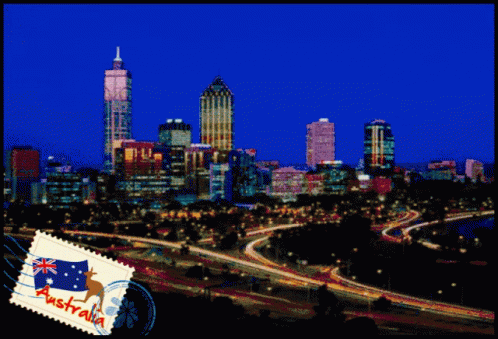 A Picture Of A City With A Stamp That Says Australia On It GIF
