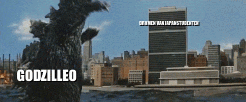 A Picture Of A City With Godzilleo Written On The Bottom GIF