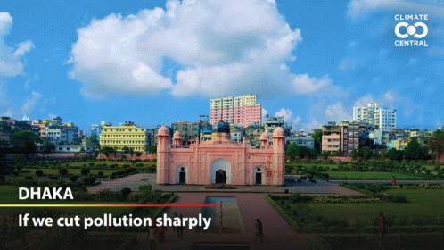 A Picture Of A City With The Words " If We Cut Pollution Sharply " GIF
