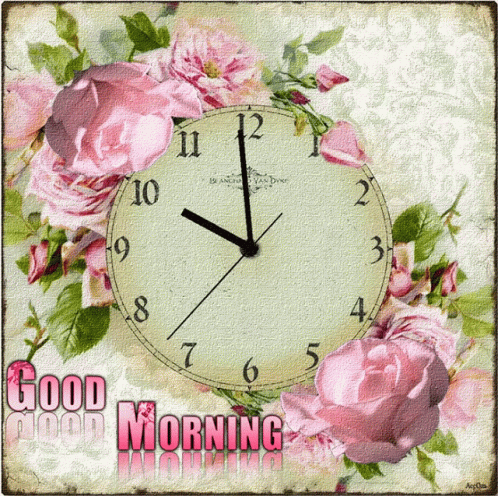 A Picture Of A Clock With Pink Flowers And The Words Good Morning GIF
