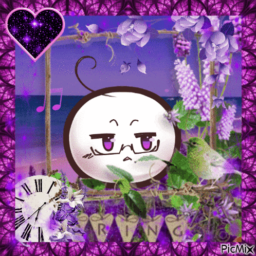 A Picture Of A Clock With Purple Flowers And The Word Spring On The Bottom GIF