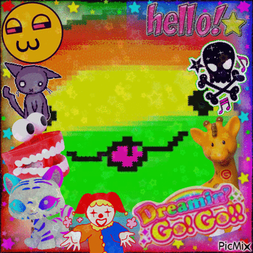 A Picture Of A Clown And A Giraffe With The Words Dreamin ' Go Go Written On It GIF