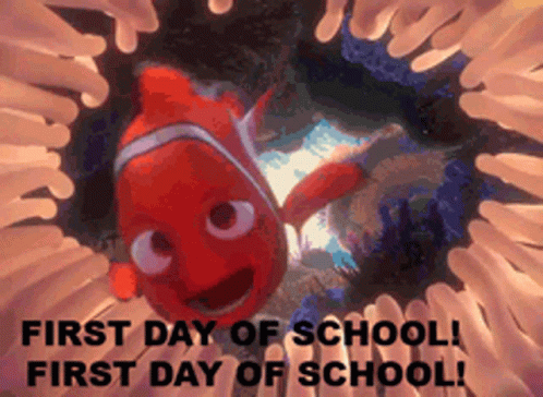 A Picture Of A Clown Fish With The Words " First Day Of School " Below It GIF