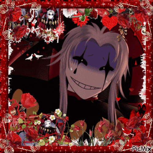 A Picture Of A Clown With A Heart On His Face Is Surrounded By Red Flowers And Hearts GIF