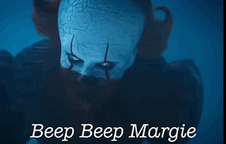 A Picture Of A Clown With The Words Beep Beep Margie GIF