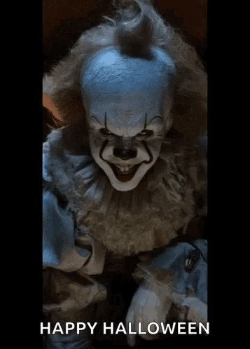 A Picture Of A Clown With The Words Happy Halloween Written On The Bottom GIF