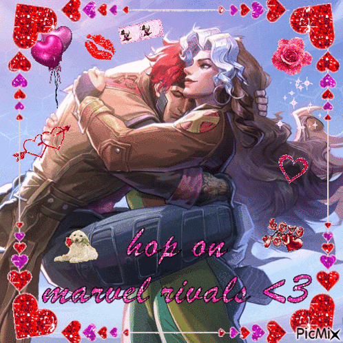 A Picture Of A Couple Hugging With The Words Hop On Marvel Rivals < 3 On The Bottom GIF