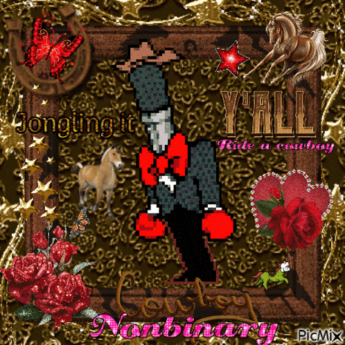 A Picture Of A Cowboy With The Words Jongling It Y'all Hide A Cowboy On It GIF