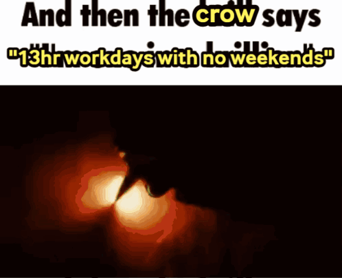 A Picture Of A Crow With The Words " And Then The Crow Says 13Hr Workdays With No Weekends " GIF