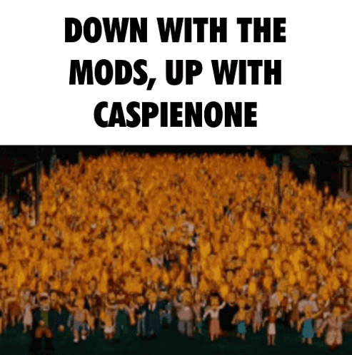 a picture of a crowd of people with the words down with the mods up with caspienone on the bottom