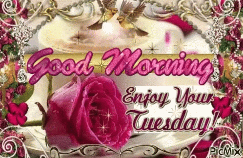 A Picture Of A Cup Of Coffee And A Pink Rose With The Words Good Morning Enjoy Your Tuesday GIF
