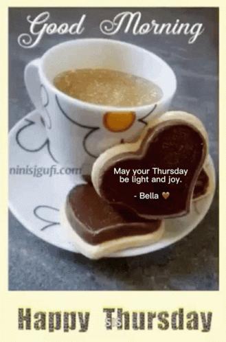 A Picture Of A Cup Of Coffee And Cookies That Says " Good Morning " GIF