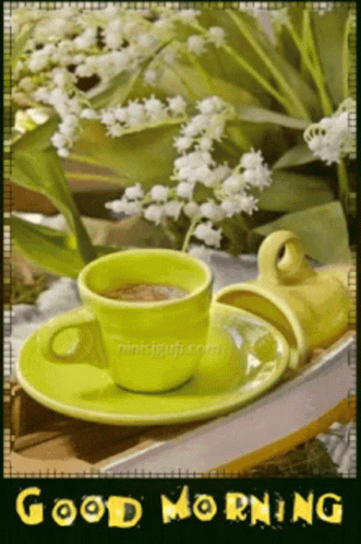 A Picture Of A Cup Of Coffee On A Saucer With The Words Good Morning GIF