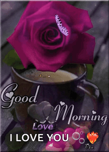 A Picture Of A Cup Of Coffee With A Purple Rose And A Butterfly On It GIF