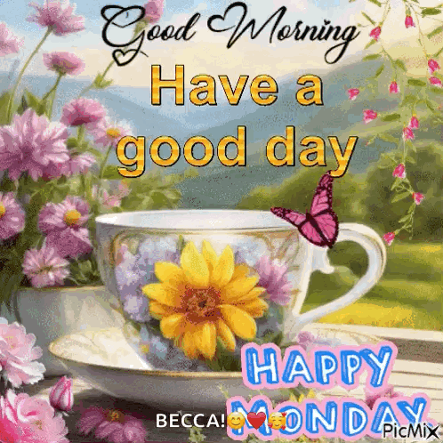 A Picture Of A Cup Of Coffee With Flowers And A Butterfly . GIF