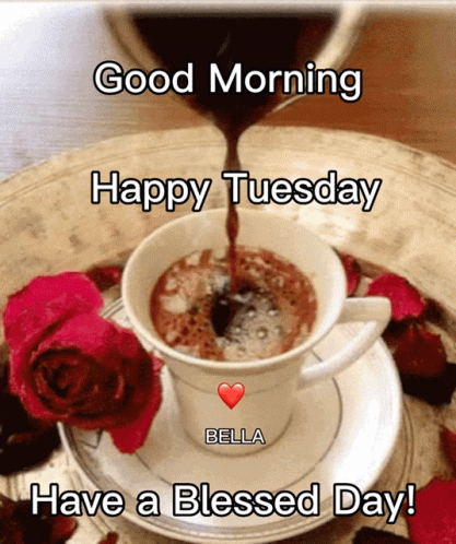 A Picture Of A Cup Of Coffee With The Words Good Morning Happy Tuesday GIF