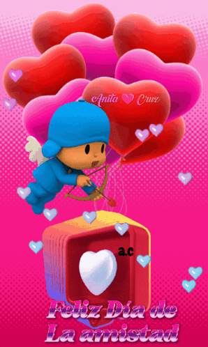 A Picture Of A Cupid With Hearts And The Words Feliz Dia De La Amistad On The Bottom GIF